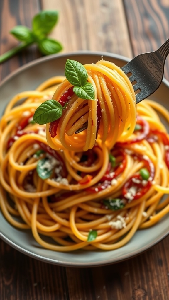 Three Onion Pasta Recipe A plate of pasta with sautéed yellow, red, and green onions, garnished with basil and Parmesan cheese.